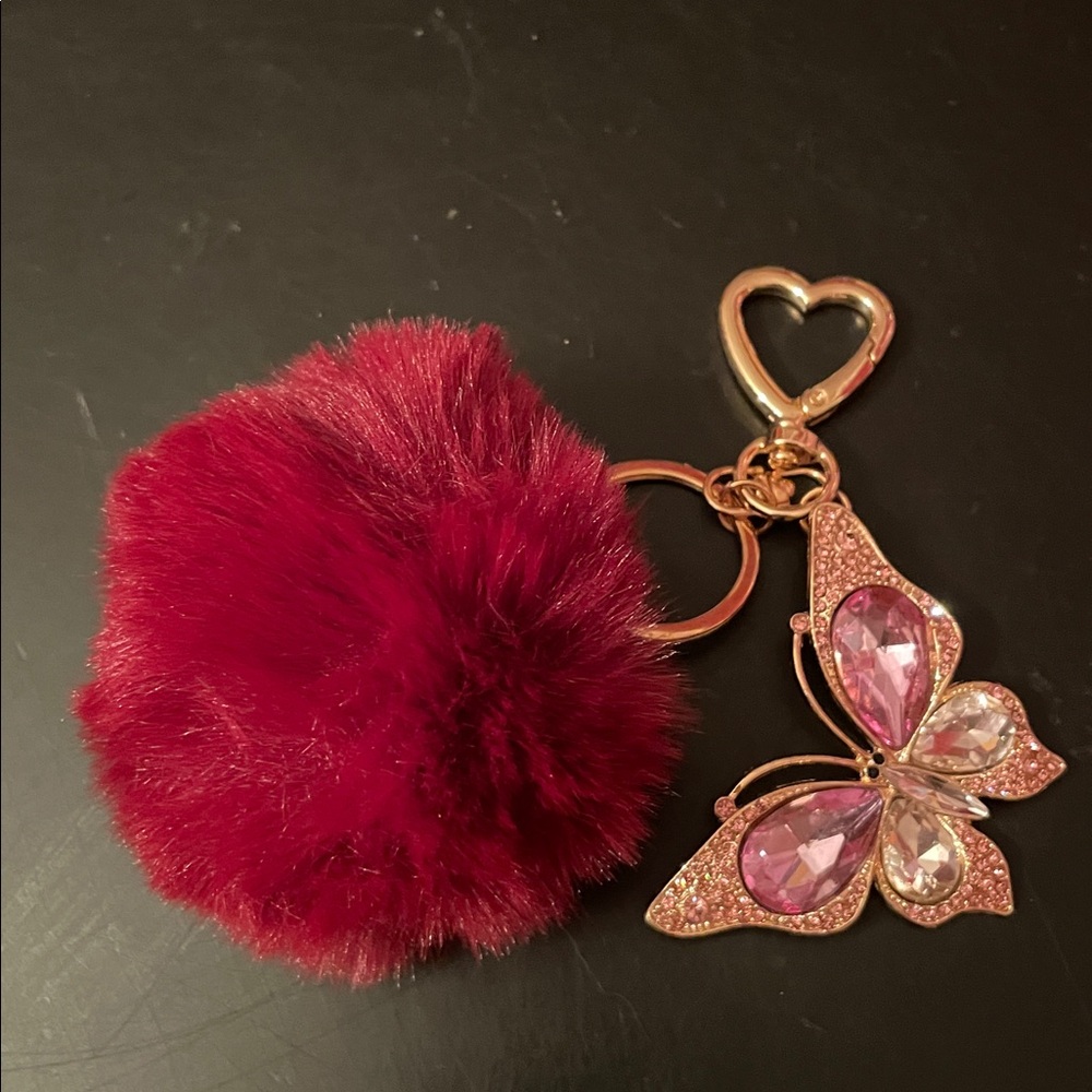Butterfly Keychain with Burgundy Red Pom Pom - Picture 5 of 7